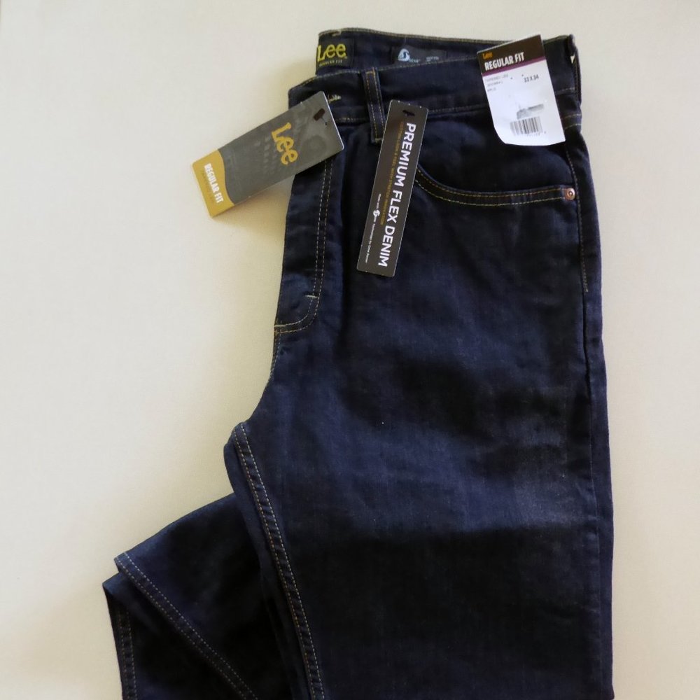 LEE JEANS MENS REGULAR FIT STRAIGHT LEG PREMIUM FLEX DENIM 33 x 34 DARK BLUE